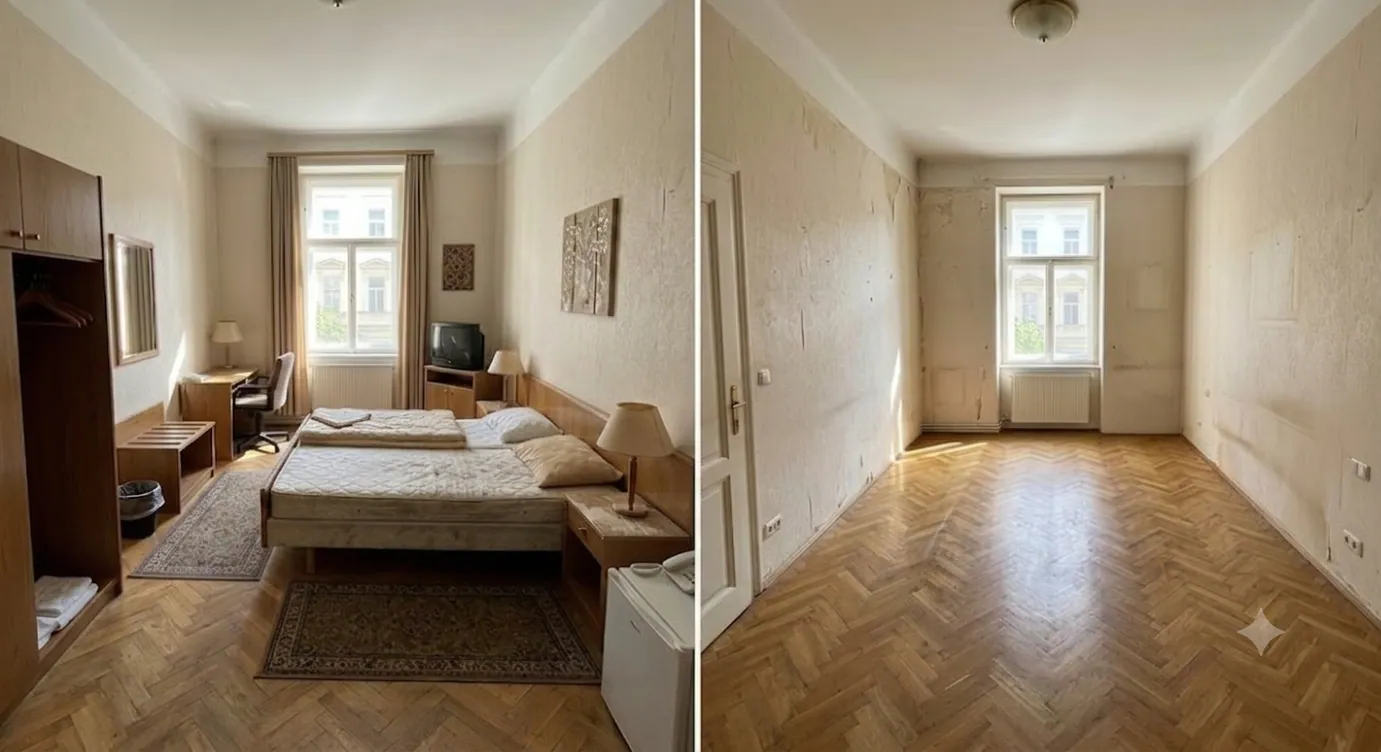 Wohnungsauflösung Linz – Altbau-Schlafzimmer vorher und nachher
